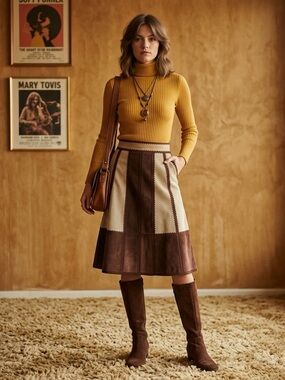 Vintage 90's Ms Today Tan/ Brown Suede 70's Inspired Retro Boho Skirt Size 12
